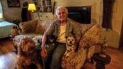 Elizabeth Thomas shown on her couch at home with her own small dogs, Chapek and Kafka, and her son’s large dog, Clover, whom she watches when he is away.