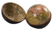 A photograph of an eighteenth-century, three-inch pocket globe in its open case