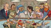 A cartoon illustration showing a situation room with businessmen, farmers, and other food system constituents moving the parts of the food system around on a game board.