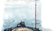 Cartoon of a submerged submarine with a cut-out view of the interior, where crew members are taking a Harvard course via video recording.