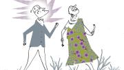Illustration of a professor striving to keep up with a fast-walking elderly Hadza woman