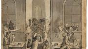A drawing of students rebelling in a dining hall.