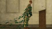 An illustration showing a professor held back by ivy vines, representing traditional and reluctance to change