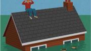 Illustration of a man plugging his ears on the roof of his house as floodwaters engulf the building