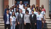 Photograph of the 2022 Frederick Douglass Fellows together with Nettie Washington Douglass and James Pellow.