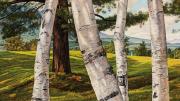 colorful painting detailing birch trees