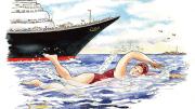 Illustration of Sharon Beckman ’80 swimming the English Channel