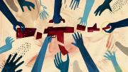 illustration showing multiple hands dismantling a rifle