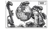 A black and white cartoon shows a computer-user, with Earth’s globe for a head, stares into a screen, while spiders labeled “hate,” “misinformation,” “fear,” and “lies” crawl across his body, wrapping him in their webs.