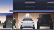 Illustration of a two-car garage, with an electric vehicle on the left and an SUV on the right