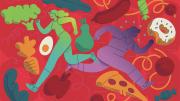 Illustration of two runners, one surrounded by components of a healthy diet, the other surrounded by high-sugar foods.