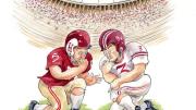 Illustration of a football coin toss with coin landing on edge