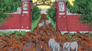 A large group of donkeys entering Harvard Yard with a few elephants interspersed.