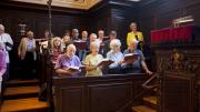 President Faust (standing at upper right, during the singing of Hymn 27) spoke at the first Morning Prayers of the new academic year.