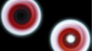 Illustrations depict gas from a sun-like companion star being drawn in a swirling pattern into a black hole (top) and onto a neutron star (bottom). In both cases, as the gas nears the central object, strong gravitation weakens the light, making it appear redder and dimmer. When the gas strikes the solid surface of the neutron star, it glows brightly in x-rays. But after crossing the "event horizon" of the black hole, it produces no x-rays, since a black hole has no surface. 