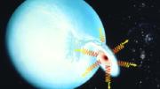 n this illustration of a binary system, the bluish-white sphere is a large hot star, in orbit with a black hole. Pulled by the black hole's gravitation, gases swirl off from the star and rotational momentum spins them into an "accretion disk," with the black hole at its center. Closer to the center, gravity's pull weakens the light, which therefore appears redder. The zig-zag arrows represent x-rays, which also get weaker (i.e., "redder") as they near the black hole.