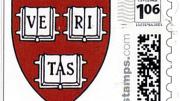 The formal invitations, sent by mail, were jazzed up with custom Harvard shield postage stamps.
