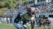 Hempel’s first touchdown pass went to sophomore wide receiver Andrew Fischer (32), who beat USD safety Robbie Beathard (37) to the ball. As a two-way player at Diamond Ranch High School, in Pomona, Fischer won California’s High School Heisman Award as the state’s top scholar-athlete. 