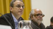 William Deresiewicz (left) and his host, Mahindra Humanities Center director Homi K. Bhabha