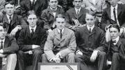 FDR (first row, second from left) and his roommate Lathrop Brown (first row, far right) pose with fellow Glee Club members in the fall of their freshman year.