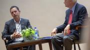 Entrepreneur Peter Thiel (left) and professor of business administration William A. Sahlman discuss the power of monopolies at an event in Burden Hall.