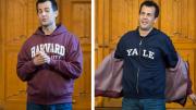 Photo of David Malan taking off his Harvard sweatshirt to reveal a Yale one
