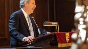 Photo of Harvard President Lawrence S. Bacow delivering Morning Prayers address.