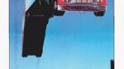 Artist Wayne McLoughlin upends  Evel Knievel’s motorcycle leaps over rows of cars and trucks: here, a tractor-trailer vaults a row of motorcycles.   