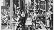 Photograph courtesy of the Sarah Campbell Blaffer Foundation, Houston. Unknown engraver, after Stradanus (Jan van der Straet), <i>Invention of Book Printing,</i> from <i>Nova reperta</i> (New inventions and discoveries of modern times), c. 1599–1603. Engraving.