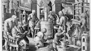 Photograph courtesy of the Sarah Campbell Blaffer Foundation, Houston. Unknown engraver, after Stradanus (Jan van der Straet), <i>Invention of Distillation,</i> from <i>Nova reperta</i> (New inventions and discoveries of modern times), c. 1599–1603. Engraving.