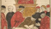 Unknown artist, <i>The Anatomy Lesson,</i> from <i>Fasciculo di medicina</i> (Pamphlet on medicine), Venice: Gregori Brothers, 1494, Woodcut with colors applied by hand-printed blocks and stencils.