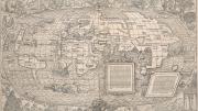 Hans Holbein the younger and Sebastian Münster, <i>Universal cosmographic map, from A new globe of regions and islands unknown to the ancients,</i> 1532. Woodcut from two blocks and letterpress.