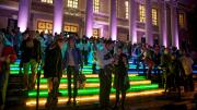 LED lights lined the steps of Widener Library, and the columns were individually illuminated.