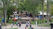Preparations were under way Wednesday for Friday's celebration in Harvard Yard. Here, the view from Widener toward Memorial Church: the stand for Joanne Chang’s Harvard birthday cake, the platform where Yo-Yo Ma will perform, and the dance stage and band tent immediately in front of the church.