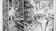 Illustration by F.D. Bedford for J.M. Barrie’s <i>Peter and Wendy.</i> As the children sleep, Peter crosses the sill in the glow of Tinker Bell’s light.