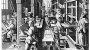 The <i>Invention of Book Printing</i> comes from <i>Nova Reperta</i> (New inventions and discoveries of modern times), by Stradanus (Jan van der Straet), the first such illustrated compendium of postclassical innovations (ca. 1599- 1603). The ability to print many copies of such works revolutionized communication of ideas in the sixteenth century.