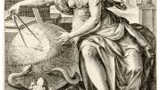 In <i>Geometry</i> (after 1575), from the series <i>The Seven Liberal Arts,</i> Jan Sadeler I used an allegorical figure to depict the use of geometry in fields such as navigation and architecture (represented by the crown of towers). 