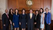 HBS Dean Nitin Nohria; Angela Chao, Deputy Chairman, Foremost Group; May Chao; Elaine L. Chao; Dr. James Si-Cheng Chao, Chairman, Foremost Group; Christine Chao; Grace Chao; and President Drew Faust