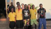 Theresa Betancourt with members of the youth advisory board for her family-strengthening intervention project in southern Kayonza District, Rwanda