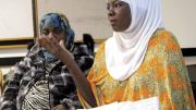 Zahara Haji (foreground) and Amina Abdullahi, research assistants in Betancourt’s project with the Somali Bantu refugee community in Boston, during a presentation at Chelsea City Hall  