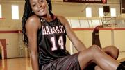 Olympian and Harvard sophomore Temi Fagbenle at Lavietes Pavilion, where women's basketball Ivy championship banners hang in profusion 