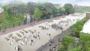 2. The new plaza surface, shown here looking toward Harvard Yard and Holworthy, supports fixed benches of various shapes and sizes. There will also be flexible seating, shaded spaces under new plantings on the north and south edges, and provisions for temporary event and performance structures.