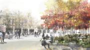 4. A rendering of the seating along the newly planted façade of the Science Center, part of the plaza's landscape design