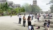3. A detailed rendering from the western end of the reconstructed plaza, showing surface and seating, and looking toward  the Science Center and Memorial Hall