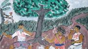 A painting by another former child soldier, showing Revolutionary United Front (RUF) rebels using drugs and alcohol