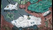 A painting by a former child soldier in Sierra Leone, showing United Nations peacekeepers arriving to bolster security at the end of the country's 11-year civil war. Betancourt photographed these drawings during meetings with children in an interim care center in Sierra Leone.
