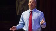 Dean Michael D. Smith delivers his campaign address in Sanders Theatre.
