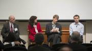 At the “Discovering Solutions” panel (from left): David Mooney, Joanna Aizenberg, Adam Cohen, and Conor Walsh