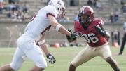 D.J. Monroe defending against a pass intended for Lafayette’s Mark Ross. Monroe and linebacker Josh Boyd, Harvard’s captain, led the defense with seven tackles apiece.