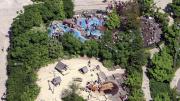 Pier 6: an aerial view of the playground, with greenery and water and sand play features for New York children of all ages